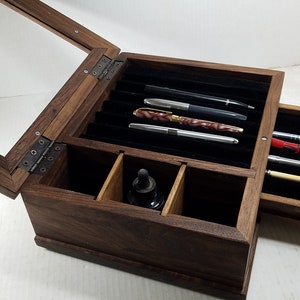 12P  Solid Black Walnut wood Pen Case with Ink Bottle Storage ( OP0507) Fountain Pens, Calligraphy, 12-pen Storage