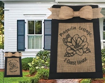 Custom, personalized, monogrammed burlap welcome garden flag, yard flag, with burlap bow