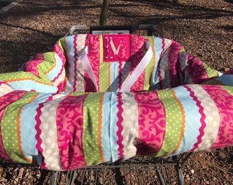 Embroidered stripe and hot pink shopping cart cover, high chair cover, monogrammed cart cover, personalized shopping cart cover