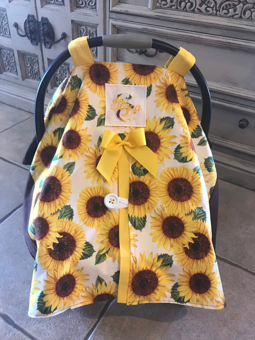 Sunflower Print, Personalized, Infant Car Seat Canopy, Car Seat Cover