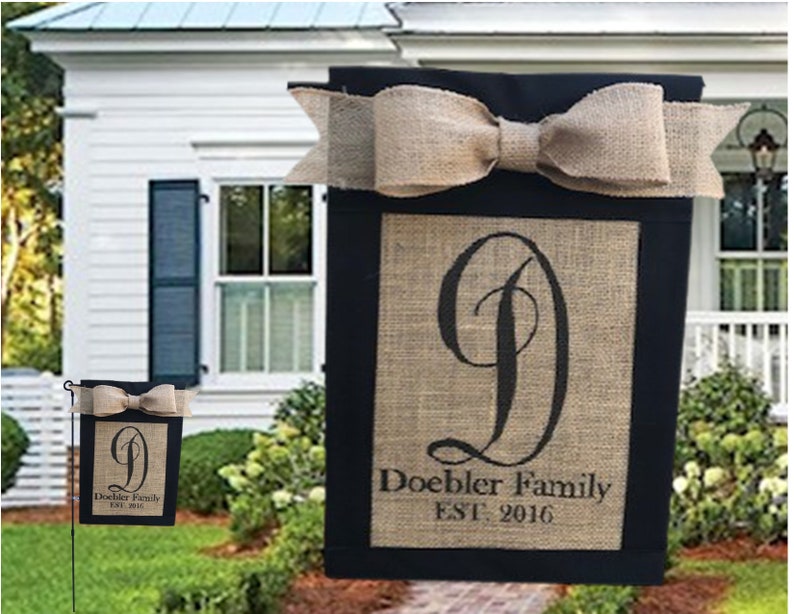 Personalized Burlap Garden Flag for New Homeowners, Custom Outdoor Monogram Sign for Realtor Gift, Initial Yard Decor Wedding Gift image 1