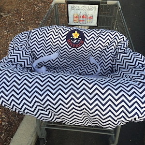 Embroidered, personalized, reversible, chevron shopping cart cover, high chair cover
