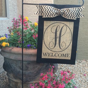 Custom, personalized, monogrammed burlap welcome garden flag, yard flag, with chevron bow, personalized Christmas gift image 2