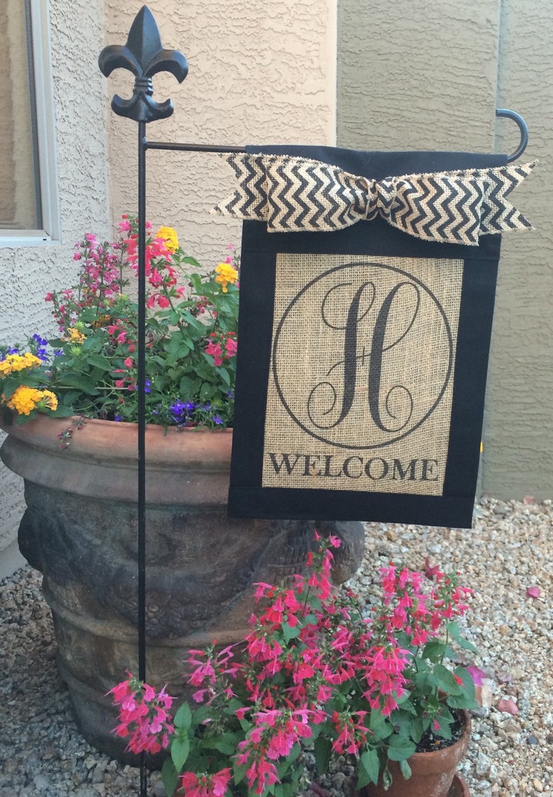 Custom, personalized, monogrammed burlap welcome garden flag, yard flag, with chevron bow, personalized Christmas gift image 2