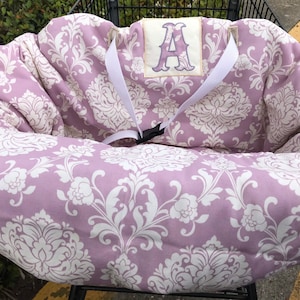 Personalized shopping cart cover, high chair cover with damask fabric, purple cart cover, monogrammed cart cover, personalized cart cover