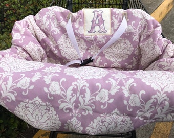 Personalized shopping cart cover, high chair cover with damask fabric, purple cart cover, monogrammed cart cover, personalized cart cover