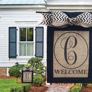 Custom, personalized,monogrammed burlap welcome garden flag with chevron bow