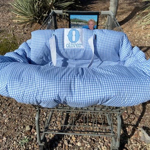 Personalized gingham shopping cart cover, high chair cover, grocery cart cover light blue, boy shopping cart cover, monogram cart cover