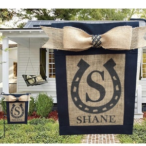 Personalized Burlap Garden Flag, Horseshoe Initial, New Homeowner Gift