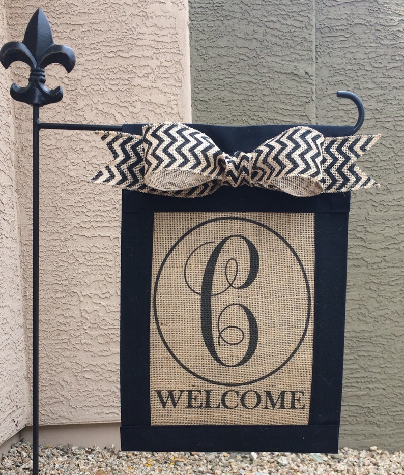 Custom, personalized, monogrammed burlap welcome garden flag, yard flag, with chevron bow, personalized Christmas gift image 3