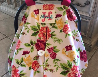 Floral print, personalized, Infant car seat canopy, car seat cover, car seat blanket, monogrammed car seat cover, baby car seat canopy