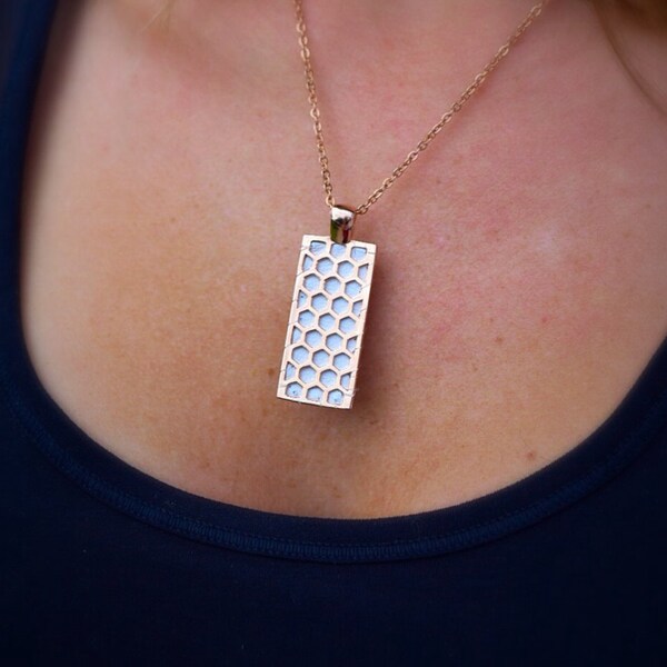 Fitbit Flex / Flex 2 pendant / necklace - Rectangle "Honeycomb" Rose gold tone with white leather