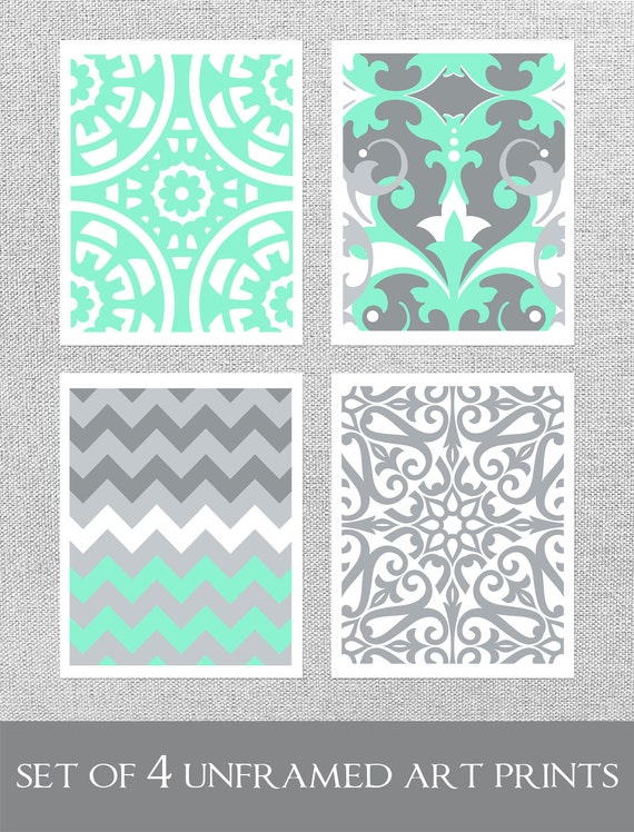 Items similar to Mint Green Art, Gray Art, Wall Art, Bedroom Art, Chevron Art, Damask Art, Wall