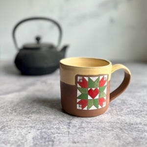 Tulips and Heart Barn Quilt Coffee Mug | Handmade pottery gifts | wheel thrown