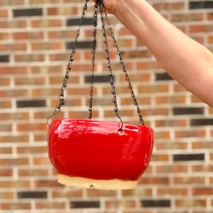 Large Red Ceramic Hanging Planter – Handmade Boho Plant Holder, Indoor Outdoor Pottery