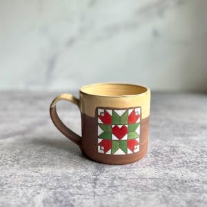 Tulips and Heart Barn Quilt Coffee Mug | Handmade pottery gifts | wheel thrown
