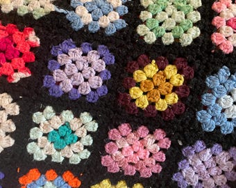 Vintage Afghan Crochet Black and Colorful Squares Blanket