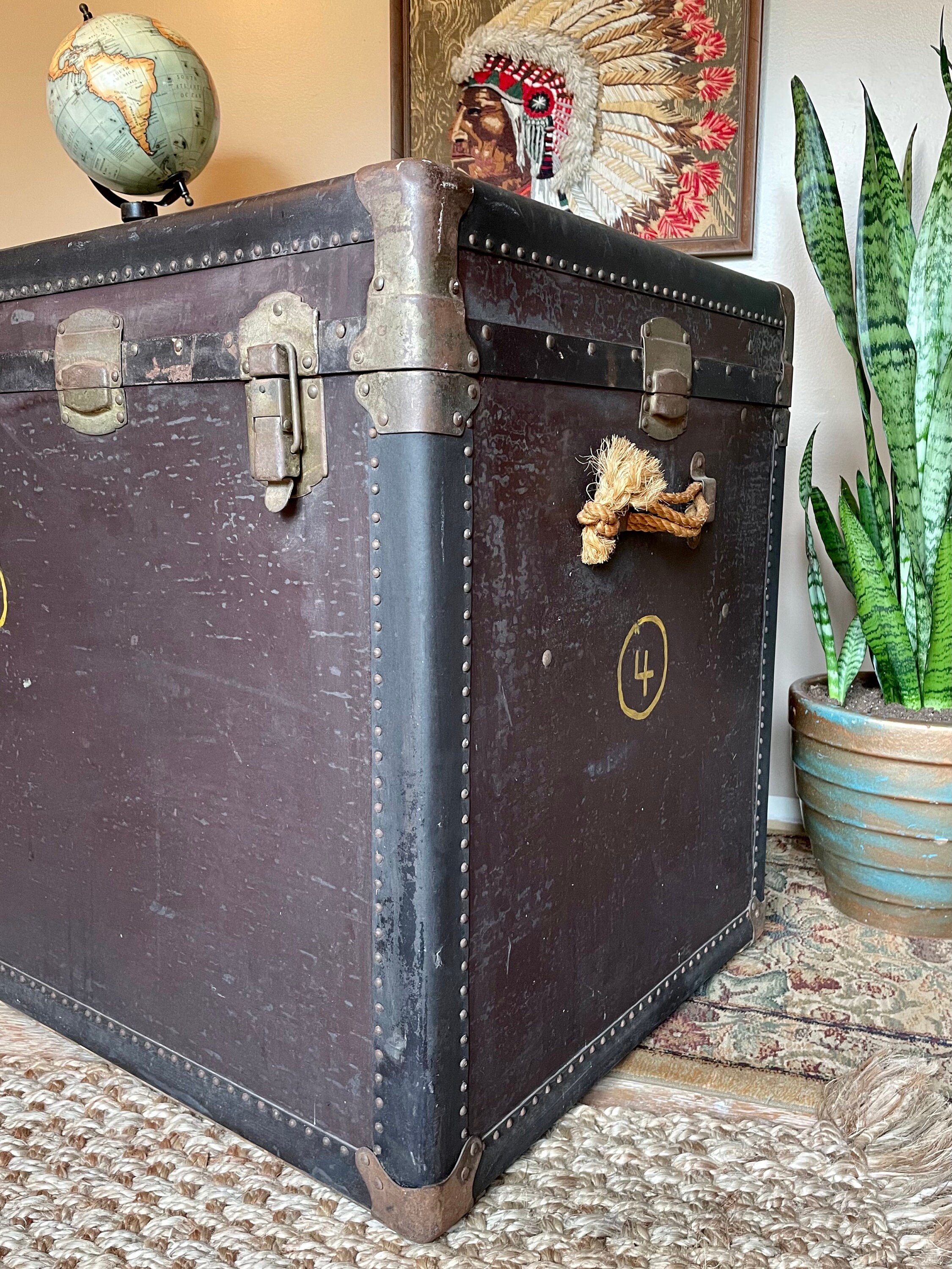 Antique Steamer Trunk With Wheels Casters Tray Named M. Kovoch Cleveland OH