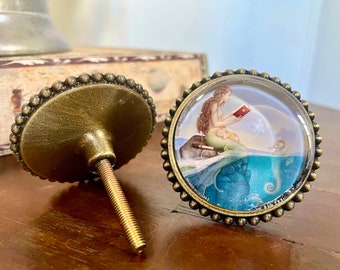 Custom Knobs/ Parkes Mermaid/ Special Order Metal/ Glass Knob /Once Upon a Peacock