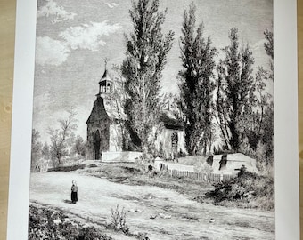 May include: Black and white etching of a chapel and surrounding landscape. A person is walking on a path towards the chapel. Tall trees and a cloudy sky are in the background. Signed by J. Henry Hill.