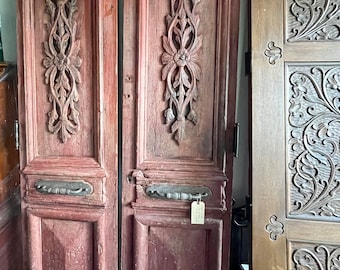 19th Century, Antique, Ornate, French, Red Painted Doors/ Set of 2