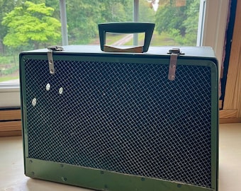 May include: A vintage green metal pet carrier with a wire mesh front and a handle. The carrier has metal latches and rivets. The carrier is sitting on a light wood surface in front of a window.