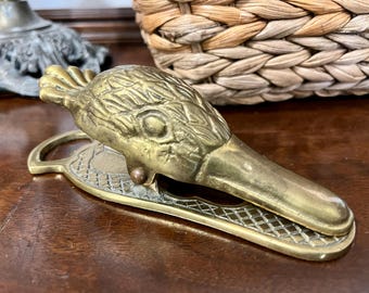 Vintage Heavy Brass Duck Head Paper Weight & Clip