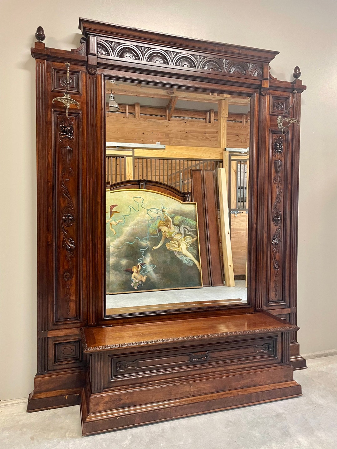 Huge, Antique Hall Tree With Mirror & Storage Bench - Etsy