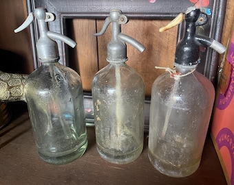 3 Antique Heavy, Glass Seltzer Dispensers