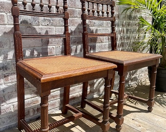 Pair of 19th Century Renaissance, Hand Carved, Antique, Oak Chairs, Cane Seat