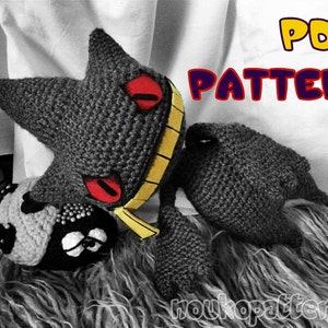 May include: Crochet pattern for a black and grey amigurumi character with red eyes and a yellow stripe. The pattern is available as a PDF download. The text "PDF PATTERN" is written in red and yellow letters on a white background.