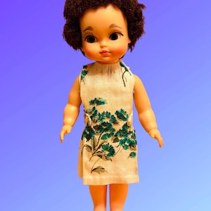Super Cute 12” Uneeda Doll Co. Inc 1966 Doll with Gray Eyes and Short Brown Hair, Linen Floral Dress
