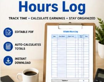 May include: A Billable Hours Log document on a clipboard with columns for date, client name, project task, hourly rate, and total. The document features a total hours and total earnings section. Text includes Billable Hours Log, Editable PDF, Auto-Calculates Totals, and Instant Download.