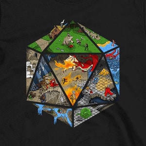 May include: Black t-shirt with a graphic of a multi-colored, six-sided die with different fantasy scenes on each side. The die is surrounded by a black outline. The text "www.paulsimic.com" is at the bottom of the shirt.