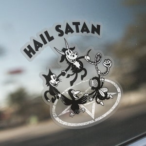 Pegatina transparente "Salve Satanás" / Pegatina satanista resistente al agua para ordenador portátil y botella de agua / Pegatinas transparentes de vinilo con humor negro