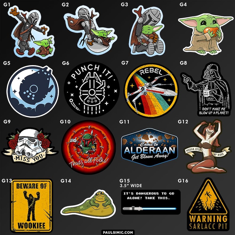 May include: A collection of sixteen Star Wars themed vinyl stickers featuring various characters and icons including a Mandalorian, Grogu, Darth Vader, a Stormtrooper, Boba Fett, Jabba the Hutt, and text-based designs like Beware of Wookiee.