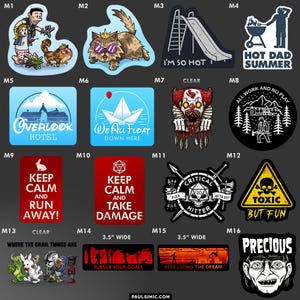 May include: A collection of sixteen rectangular, circular, and shaped vinyl stickers featuring various pop culture illustrations, horror movie references, and humorous text designs including phrases like Overlook Hotel, We All Float, and Keep Calm.