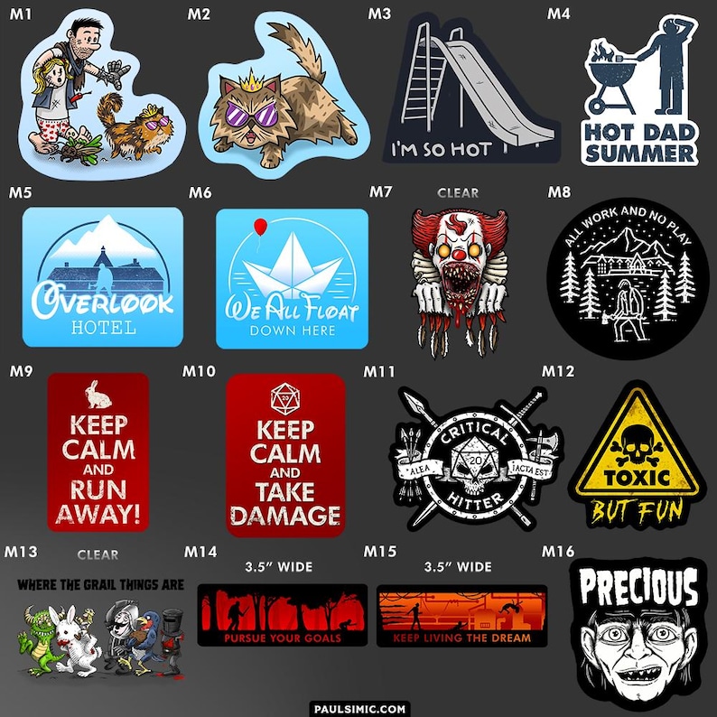 May include: A collection of sixteen rectangular, circular, and shaped vinyl stickers featuring various pop culture illustrations, horror movie references, and humorous text designs including phrases like Overlook Hotel, We All Float, and Keep Calm.