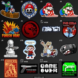 May include: A collection of sixteen rectangular and circular vinyl stickers featuring various video game-themed illustrations, including characters like Mario, Luigi, Sub-Zero, and pixelated text designs like Game Over and Gamers Unite, each 3.5 inches wide.