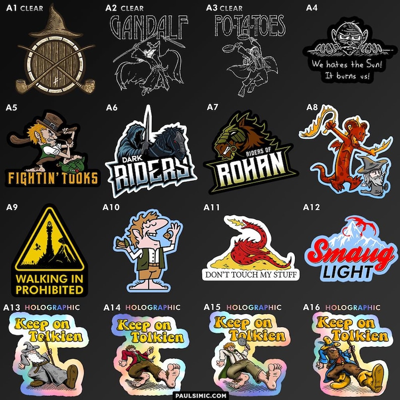 May include: A collection of sixteen fantasy-themed stickers featuring various characters and symbols. Designs include a wizard hat, a dragon, a tower, and text such as 'Gandalf', 'Po-ta-toes', 'Walking in Prohibited', and 'Keep on Tolkien'.