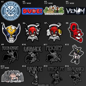 May include: A collection of sixteen vinyl stickers featuring various comic book characters and pop culture references. Designs include the Xavier Institute logo, Spider-Man themed text, Venom, Wolverine, Deadpool, Moon Knight, Thor, Loki, Batman, and The Monarch.