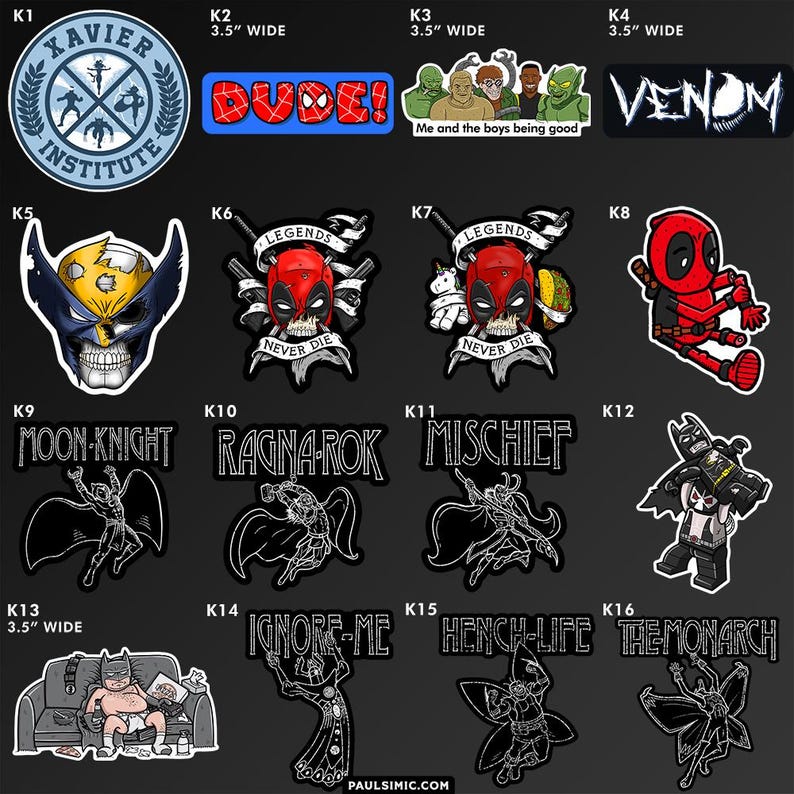May include: A collection of sixteen vinyl stickers featuring various comic book characters and pop culture references. Designs include the Xavier Institute logo, Spider-Man themed text, Venom, Wolverine, Deadpool, Moon Knight, Thor, Loki, Batman, and The Monarch.