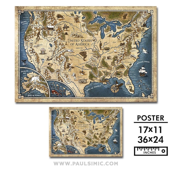 アメリカのファンタジー地図ポスター - 歴史上の人物とランドマーク