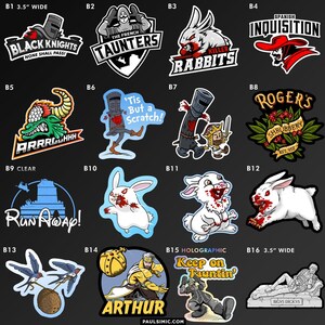 May include: A collection of sixteen vinyl stickers featuring various Monty Python-themed illustrations and text, including Black Knights, Killer Rabbits, and Arthur. Each sticker measures 3.5 inches wide, with designs showcasing characters, creatures, and iconic quotes on a dark background.