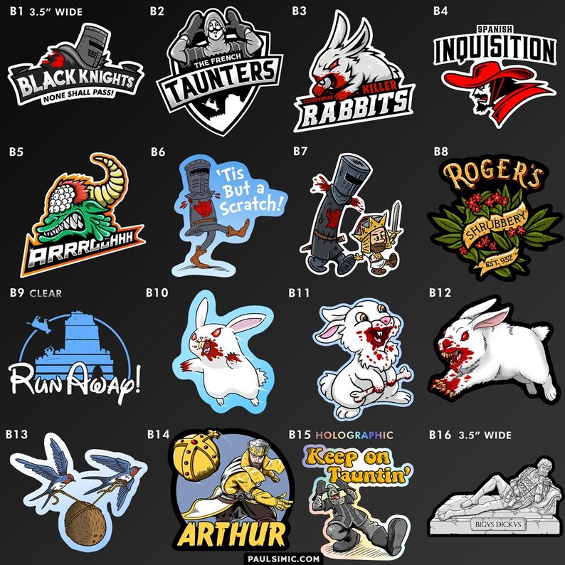 May include: A collection of sixteen vinyl stickers featuring various Monty Python-themed illustrations and text, including Black Knights, Killer Rabbits, and Arthur. Each sticker measures 3.5 inches wide, with designs showcasing characters, creatures, and iconic quotes on a dark background.