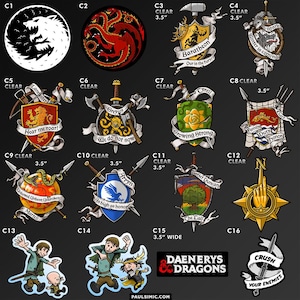 May include: A collection of sixteen circular and shield-shaped stickers featuring fantasy heraldry, house sigils, and cartoon characters. Designs include dragons, lions, roses, and swords with text such as Winter is coming, Hear me roar, and Crush your enemies.