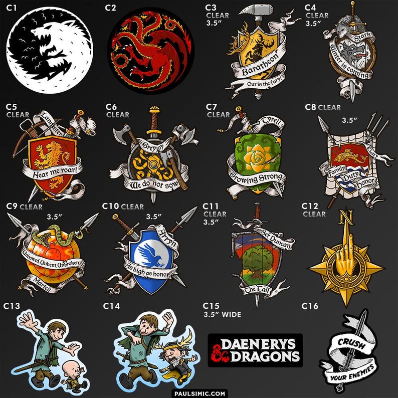 May include: A collection of sixteen circular and shield-shaped stickers featuring fantasy heraldry, house sigils, and cartoon characters. Designs include dragons, lions, roses, and swords with text such as Winter is coming, Hear me roar, and Crush your enemies.