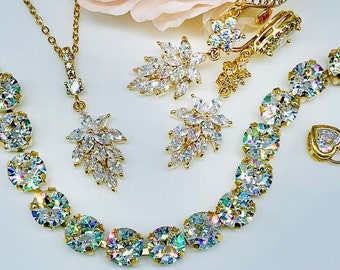 Parure de bijoux de mariage, cristaux Swarovski brillants, boucles d'oreilles pendantes pour mariée CZ, clips ou tiges, feuilles CZ éblouissantes, argent ou or ou or rose