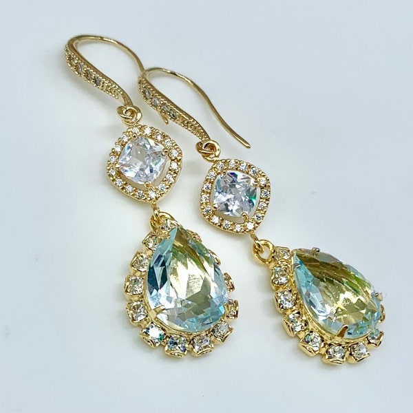 Wedding Light Blue Earrings, Bridesmaid Jewelry Set,Swarovski Crystals,CZ Connectors,Many Colors,Silver,Rose Gold,Gold,Bridal Jewelry Set