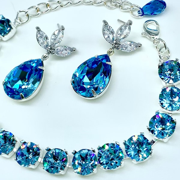 Swarovski Gorgeous New Ice Blue Crystals Bridal Jewelry Set,Blue Bridesmaids Gift,AAA Swarovski Pear Teardrop Crystals,Wedding Jewelry